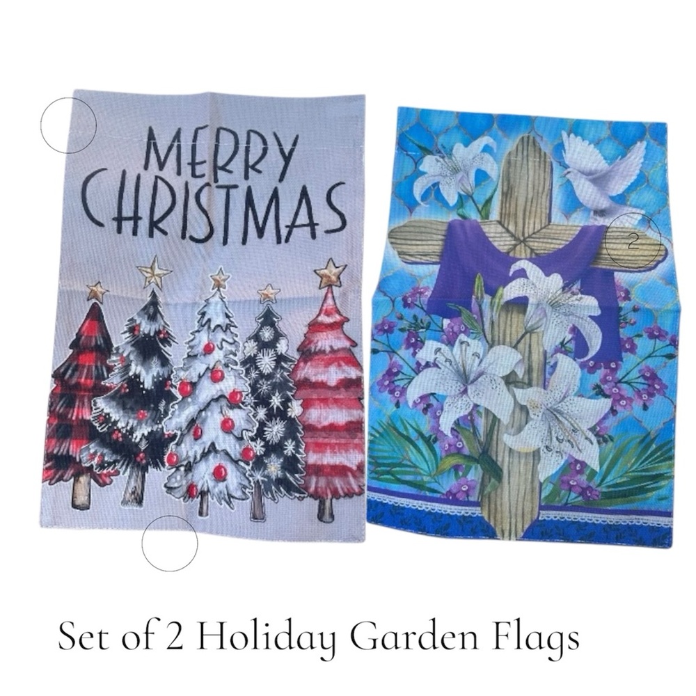 2 Holiday Garden Flags Merry Christmas and Easter Designs NEW
